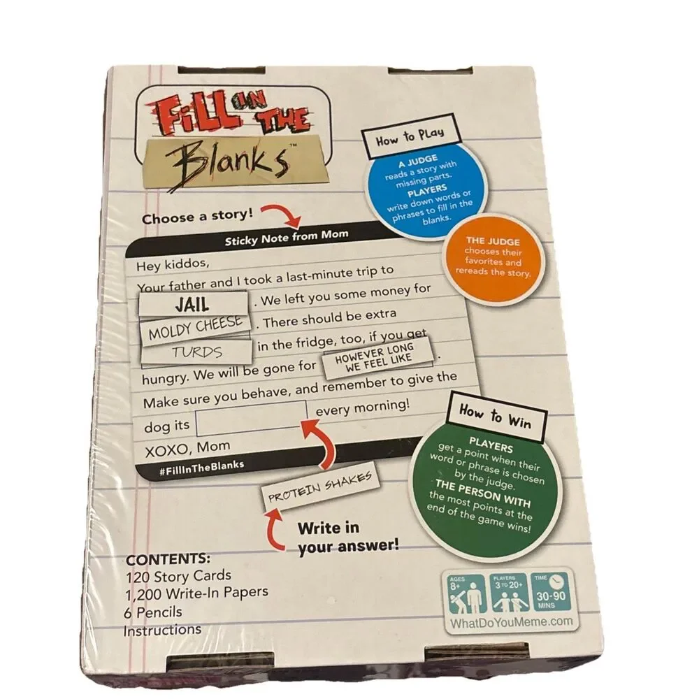 FILL IN THE BLANKS Crazy Party Game 3+ Players Ages 8+ By WhatDoYouMeme SEALED